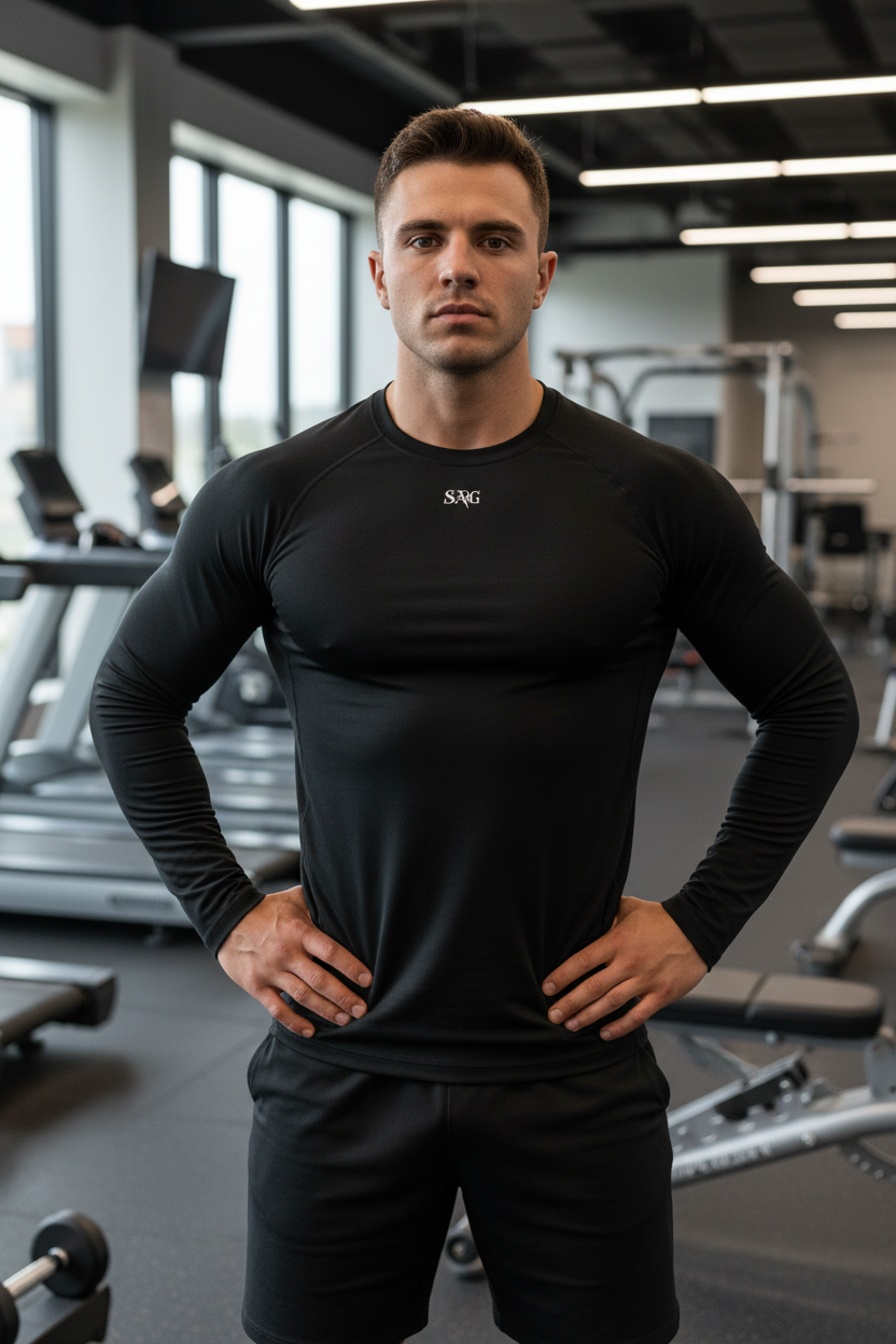 Modelo fitness cuerpo completo con longsleeve negro en gym